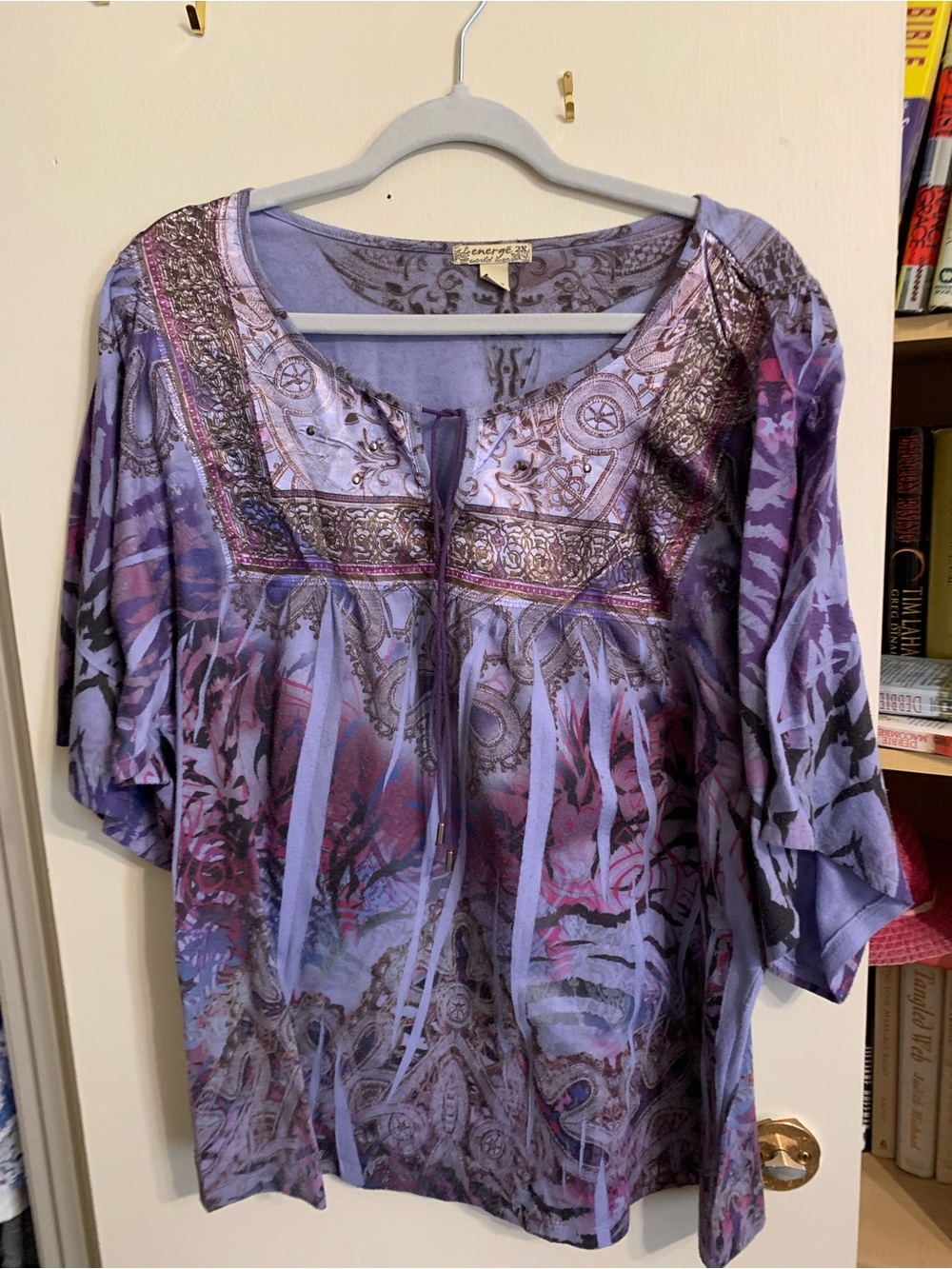 Embroidered Purple Printed Women's Blouse with Tie Neck